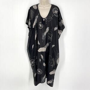 Figue Silk Midi Length Tassel Kaftan Sz L Black Tan Sheer Celestial Swim Coverup
